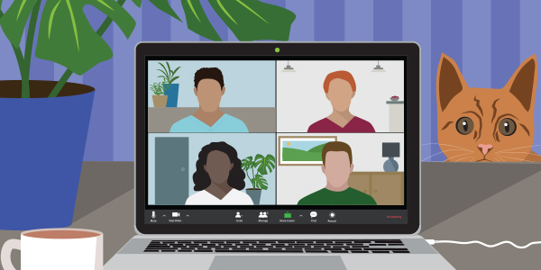 Graphic of a laptop screen with 4 different feature-less faces as if participating in a video conference call. There is a plant and a cat behind the laptop and a coffee cup in front of the laptop.