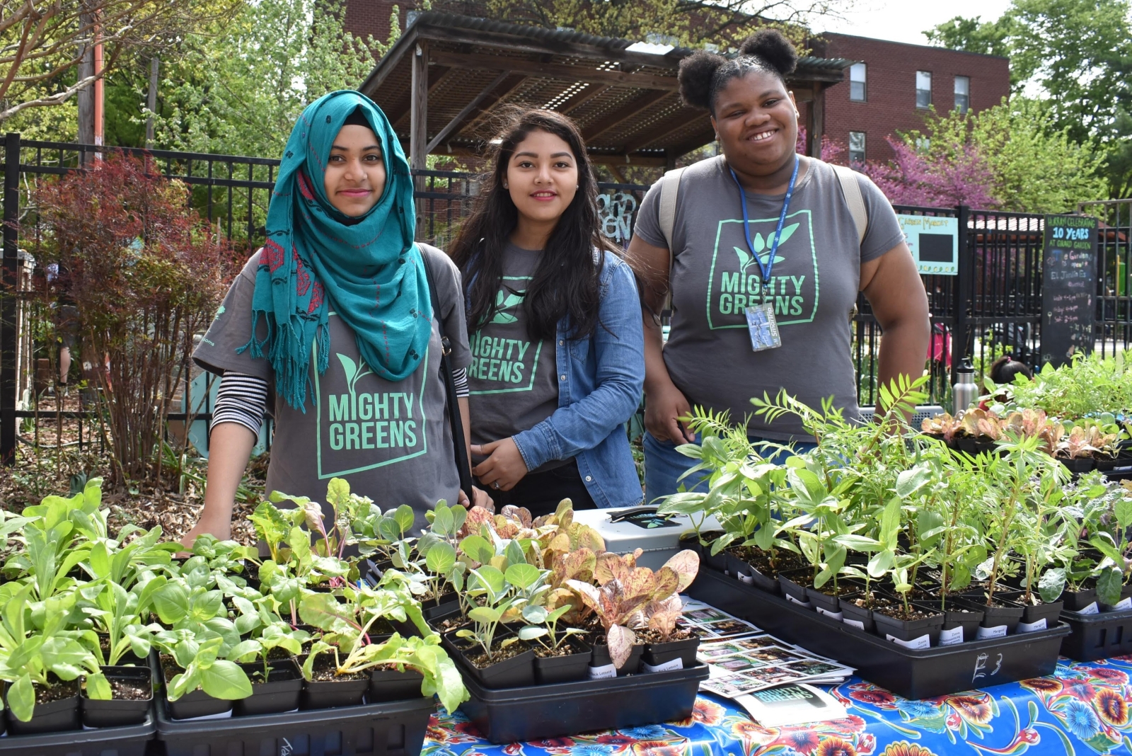 Three teenage girls stand with green vegetables harvested from a garden