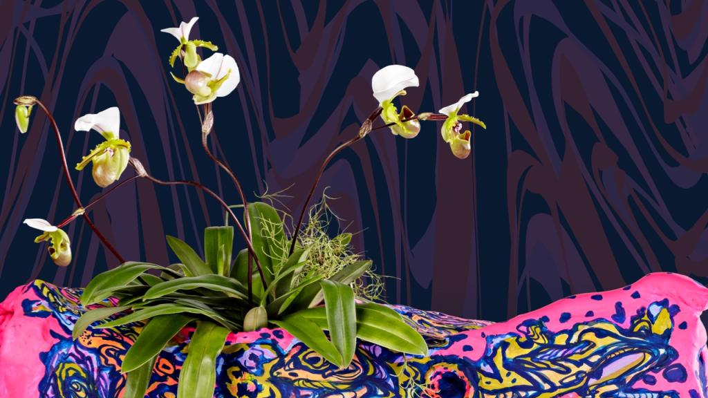 whie and green orchids against a purple and black swirled backdrop, with pink and blue swirled paint below