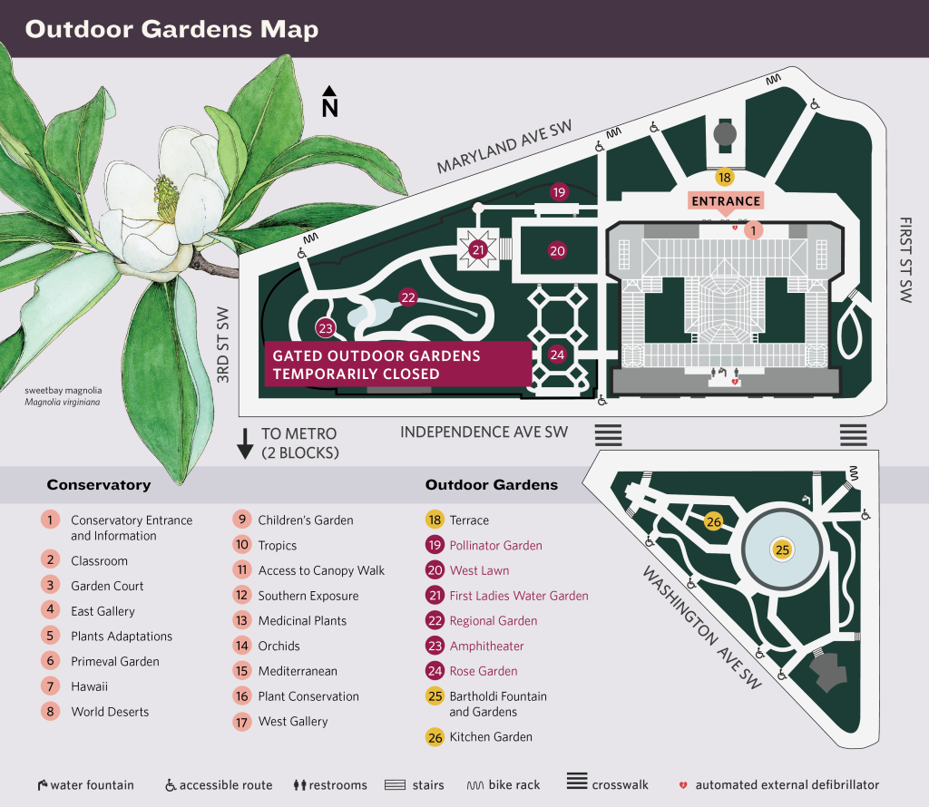 map of U.S. Botanic Garden campus showing gated outdoor gardens are temporarily closed