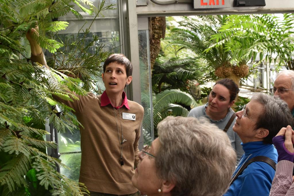 Dr. Susan Pell holds a leaf of a small tree while tour goers look on