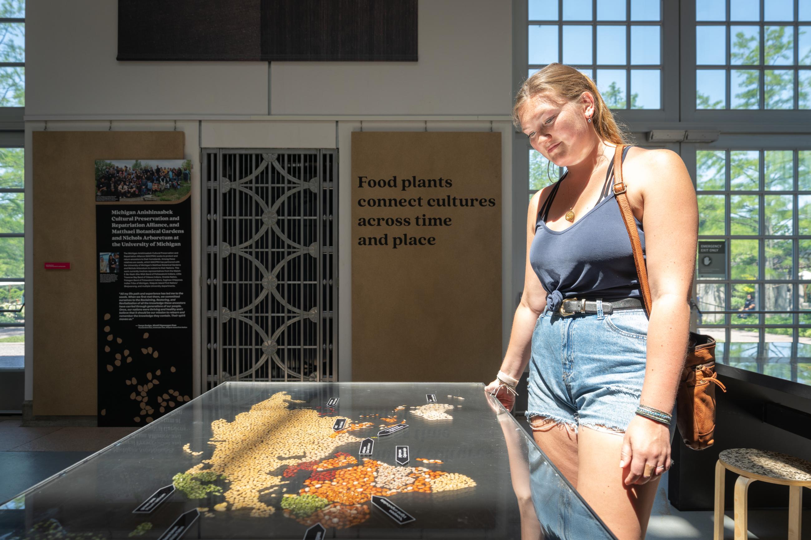 A visitor reads a map of grains of the world in Cultivate agriculture exhibit