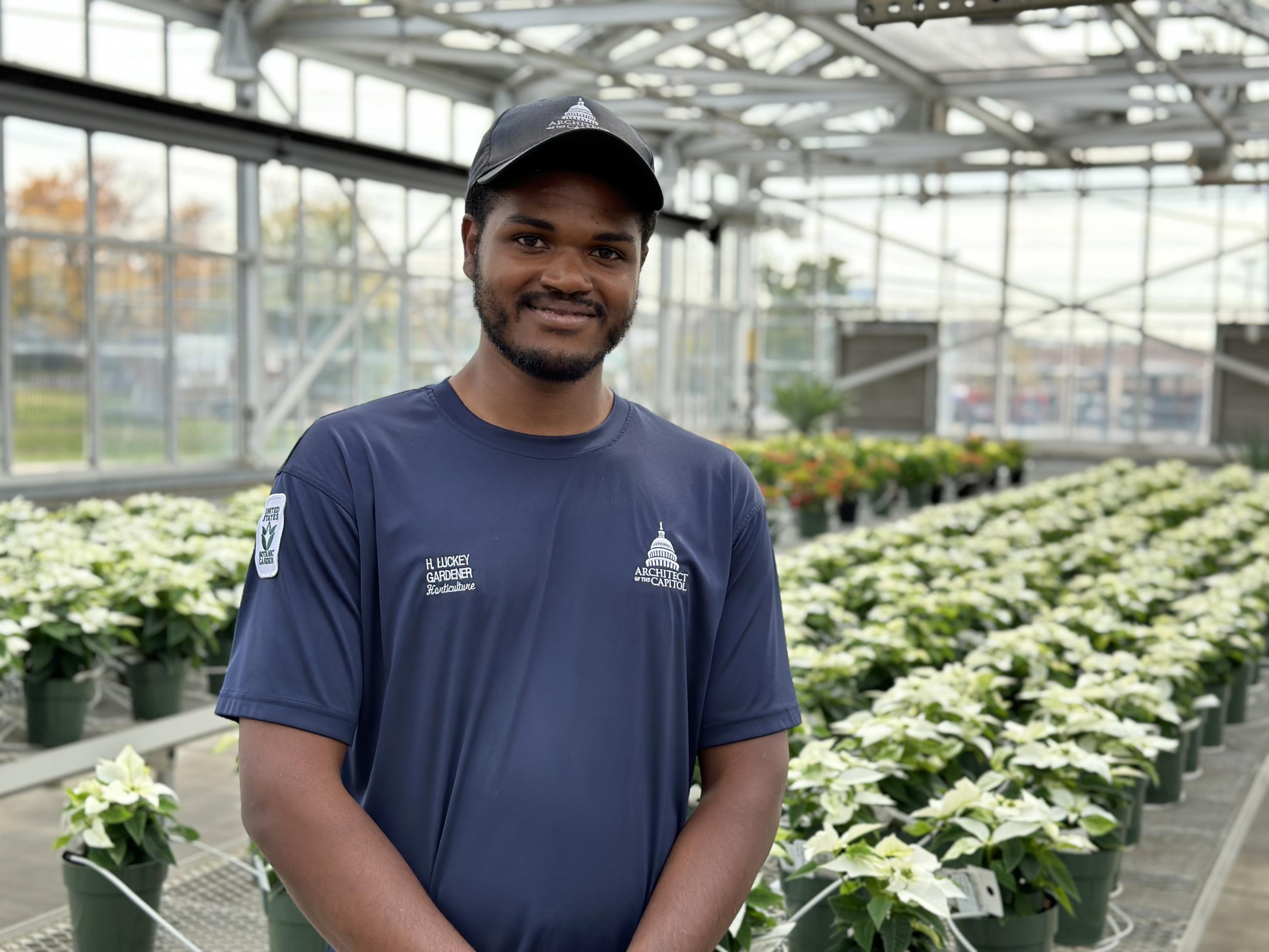 a young man stands in front of hundreds of green and cream colored poinsettia plants in a greenhouse