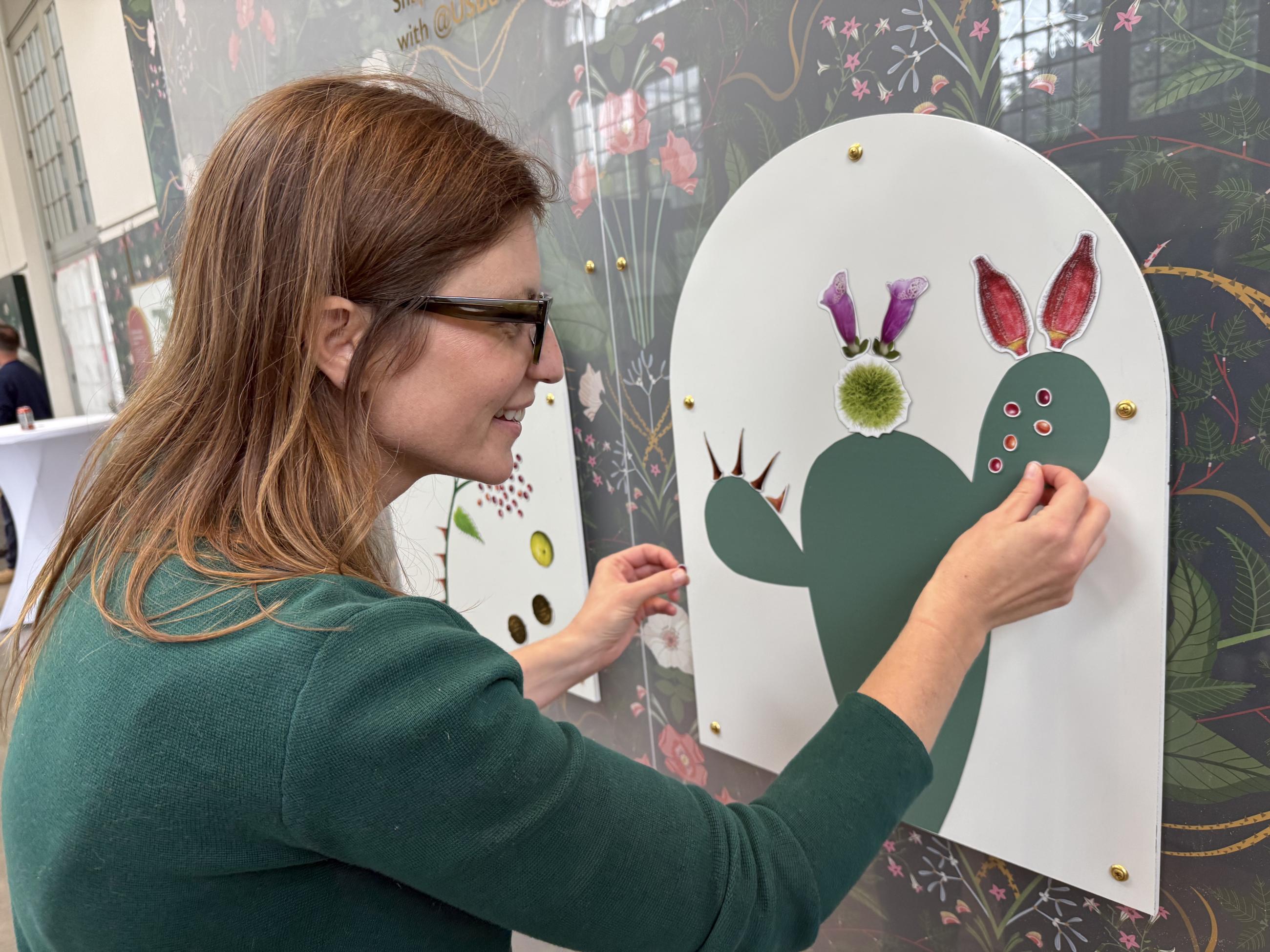 a woman places magnetic coffee beans images onto an image of a prickly pear plant